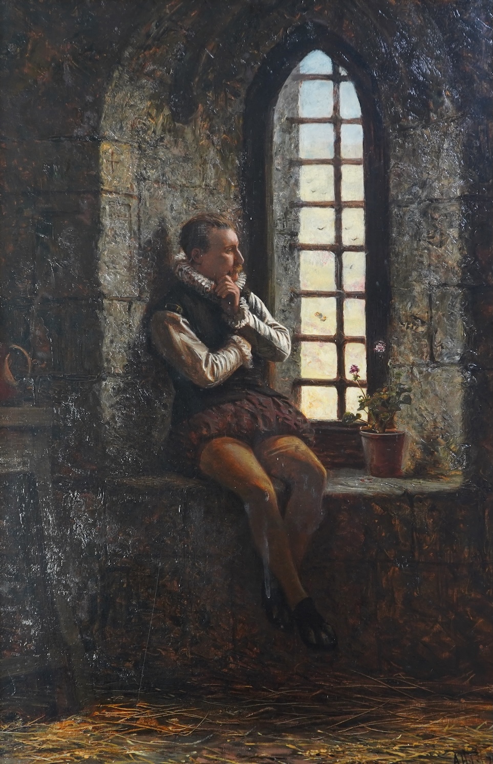 Alfred Holst Tourrier, British 1836-1892, A gentleman wearing Tudor dress seated before an arched window